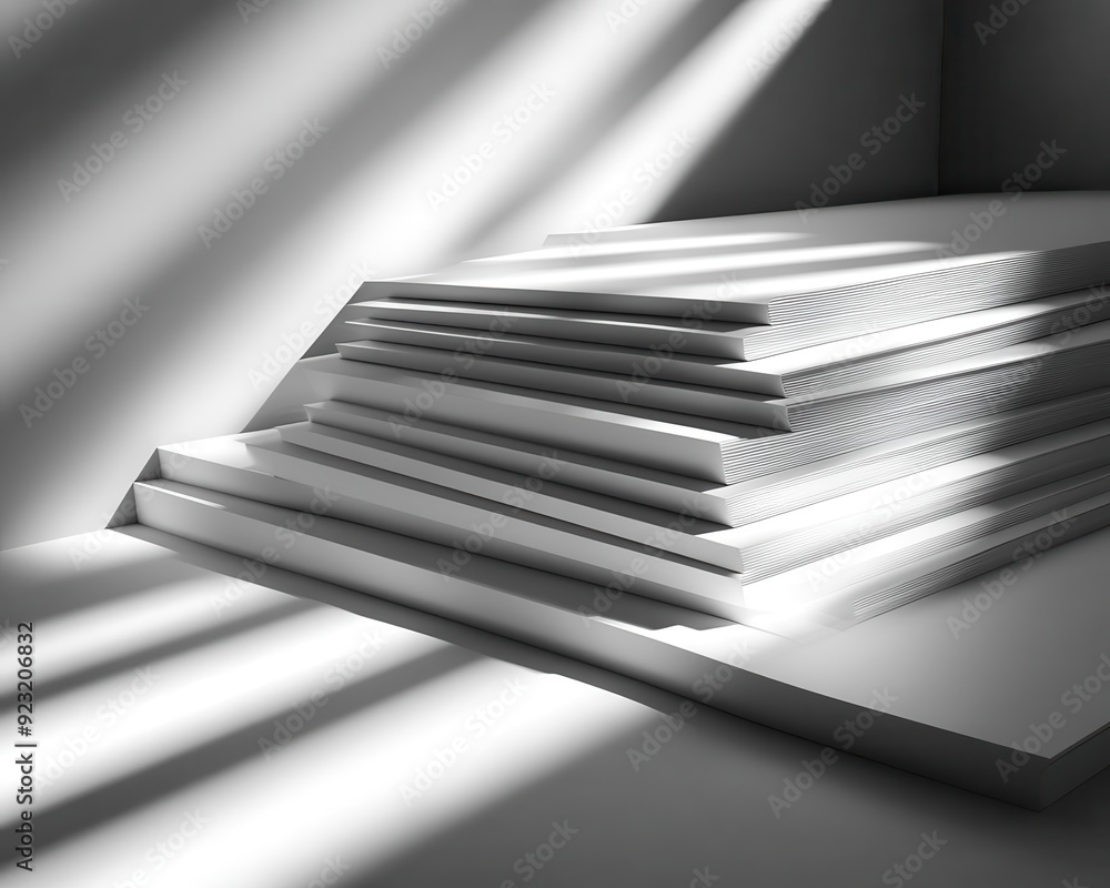 Poster stacked sheets of paper with varying thicknesses, shadow play and light interaction emphasizing the 