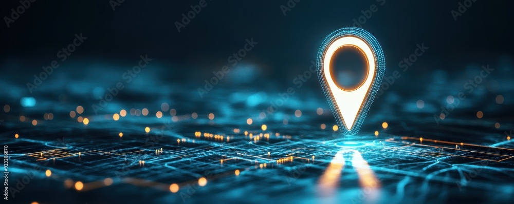 Poster a glowing location pin against a digital network background, symbolizing navigation and connectivity