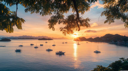 Tropical dusk in Asia, Labuan Bajo, where lush foliage elegantly frames the harbor, as the vibrant colors of the sunset paint the sky, creating a serene and picturesque tropical sc