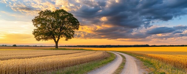 A serene road winds through golden fields under a dramatic sunset sky, bringing peace and natural beauty to the landscape.