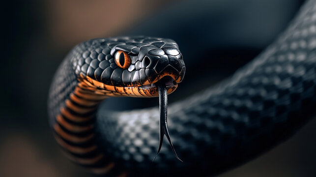 A vivid close-up of a black snake with its mouth open, with its fangs and intricate scales, capturing the wild and menacing details of the serpent in stunning clarity, photo