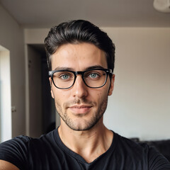 Obraz premium Handsome young man with glasses taking selfie in room