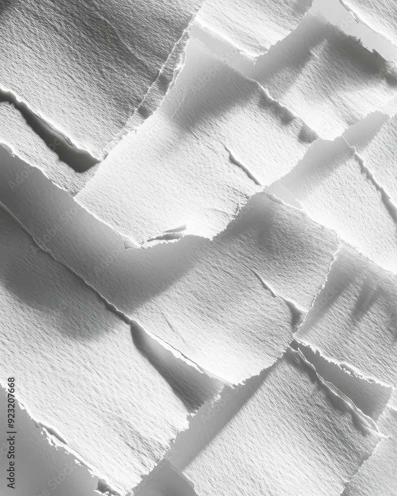 Poster Layered sheets of paper with distinct textures, overlapping on a white background, isolated, creating an intricate shadow pattern.