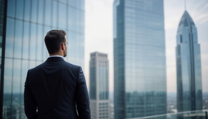 A businessman with a background of skyscrapers