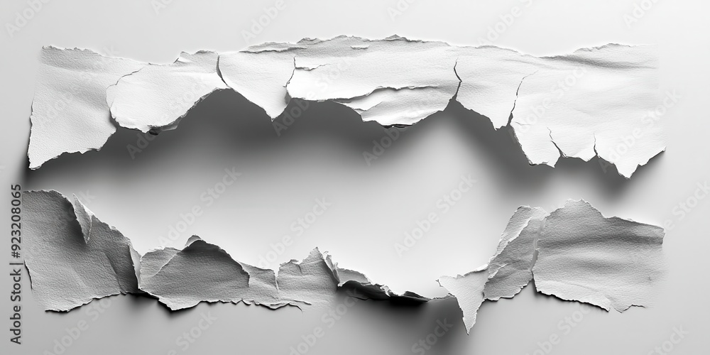 Poster faux torn paper with sharp digital edges and simulated depth, clean background, light shadow enhanci