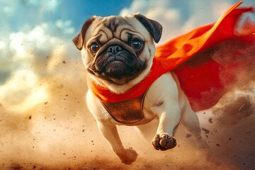A brave pug superhero flies through the sky, wearing a vibrant cape and exuding charm and confidence.