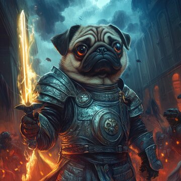 A fierce pug warrior wielding a glowing sword in an epic fantasy setting, showcasing courage and adventure.