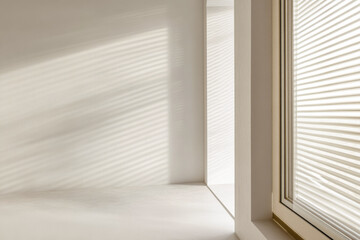 Fototapeta premium Elegant property interiors with a large window, natural lighting and contrasting shadows. Residential Real Estate interior design composition background or template.