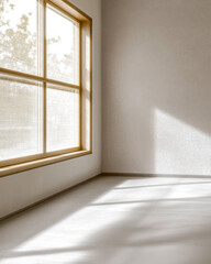 Fototapeta premium Elegant property interiors with a large window, natural lighting and contrasting shadows. Residential Real Estate interior design composition background or template.