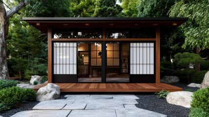 A serene Japanese garden house featuring wooden architecture and elegant shoji doors, surrounded by lush greenery and stones.