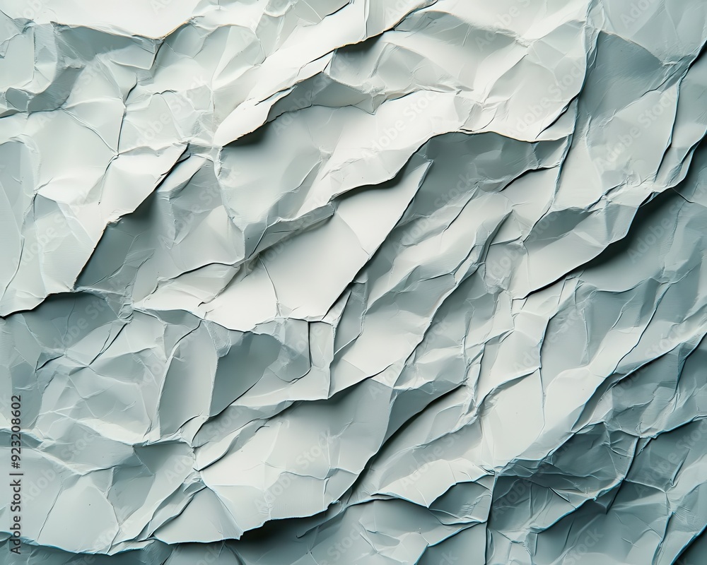 Poster Crumpled paper texture in close-up, deep folds and light interaction creating shadows on the textured surface