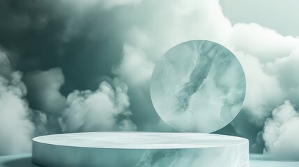 White podium with jade inlays, abstract cloudlike background, soft and dreamy ambiance, suitable...