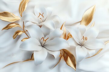 Elegant White Lilies with Golden Leaves on a Smooth White Fabric Background