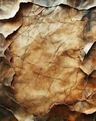 Fototapeta premium An ancient parchment with a crumpled surface, natural aging in warm tones, intricate details emphasizing texture, and a vintage style.