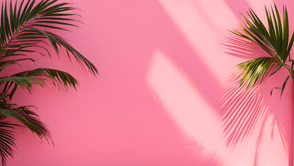 A pink wall with two palm trees on it