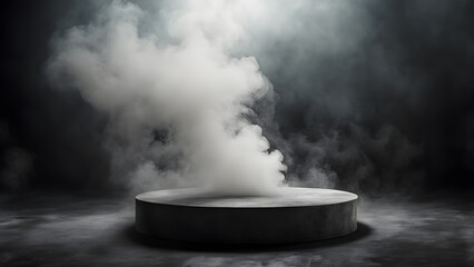 A smoke filled room with a large round table in the center