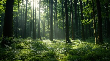 Obraz premium Sunlight Filtering Through Dense Forest Trees with Lush Greenery and Ferns on the Forest Floor