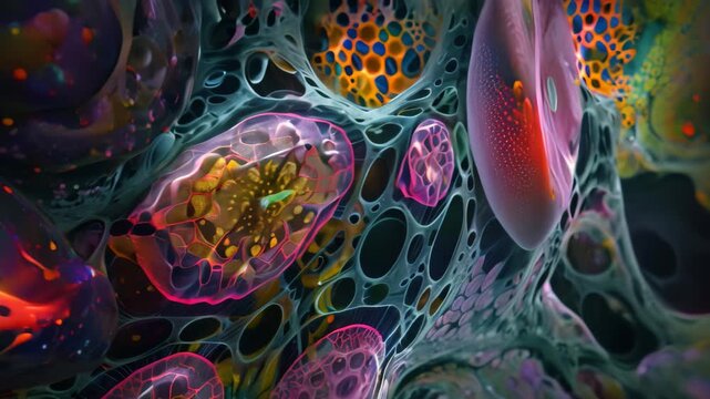 Close-up view of a cell phone displaying vibrant colors and patterns, Vibrant hues and patterns in the microscopic world of cells