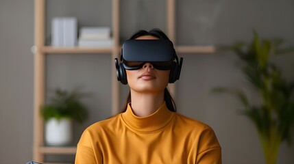 A professional dressed casually, engaged in a virtual meeting from a cozy corner of the living room, with bookshelves and plants in the background