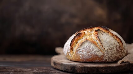 Freshly Baked Artisan Sourdough Bread on Rustic Wooden Board with Dark Background