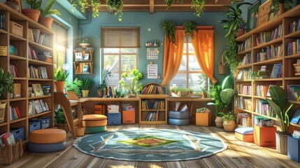 Fototapeta premium A cozy reading nook filled with books, greenery, and sunlight, perfect for relaxation and creativity.