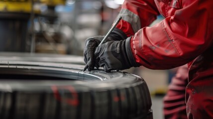 A man in a red jumpsuit is writing on a tire with a pencil