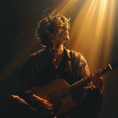 Obraz premium A creative musician passionately playing guitar, illuminated by soft, dramatic lighting that highlights their craft.