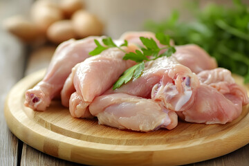 Raw chicken meat cutting on a wooden board commercial advertising photo
