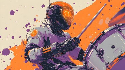 Captivating Cybernetic Drummer Immersed in Futuristic Rhythmic Performance