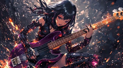 Obraz premium Punk Rock Bassist Shreds with Fierce Energy and Cybernetic Enhancements