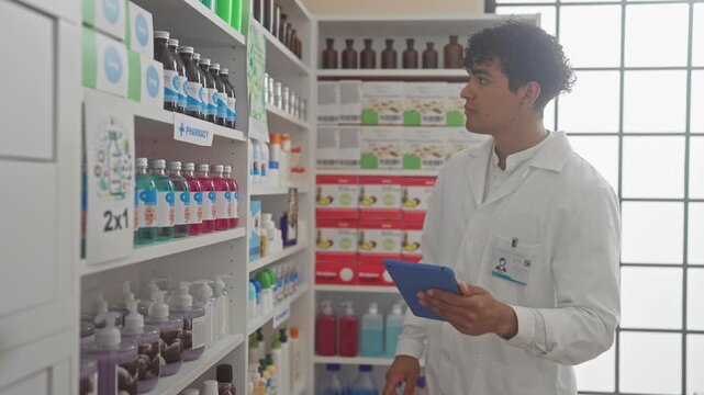 A young man works on a tablet amidst the shelves of a well-stocked, brightly lit pharmacy.