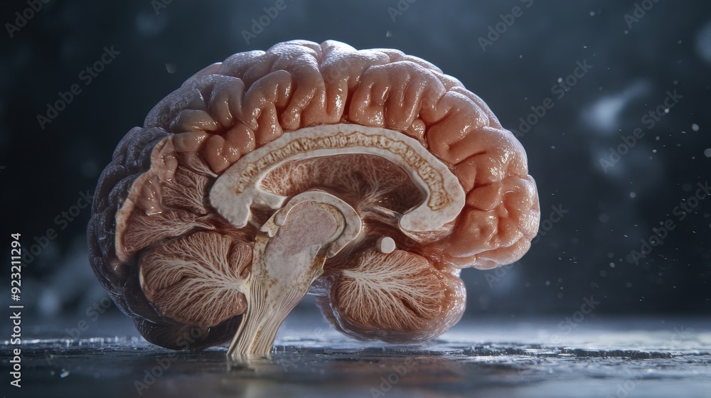 Poster a cross-section of a human brain reveals intricate structures, illuminated dramatically to highlight
