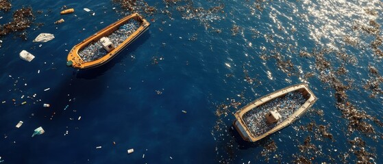 Ocean cleanup effort with boats collecting waste and clear blue waters