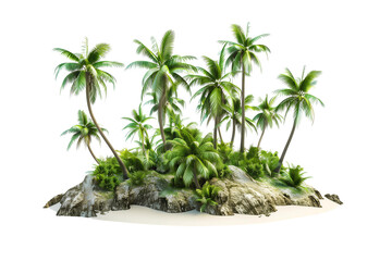 Beautiful small tropical rock island with coconut plants and white sand isolated on transparent background.