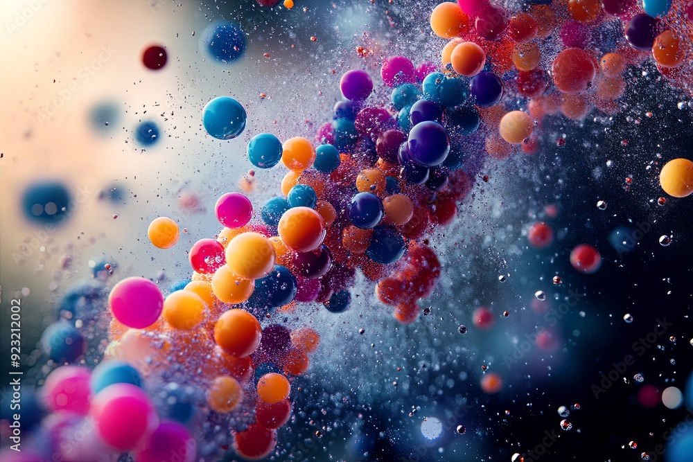 Poster colorful spheres suspended in a vibrant spray of water droplets, creating an abstract pattern in a d