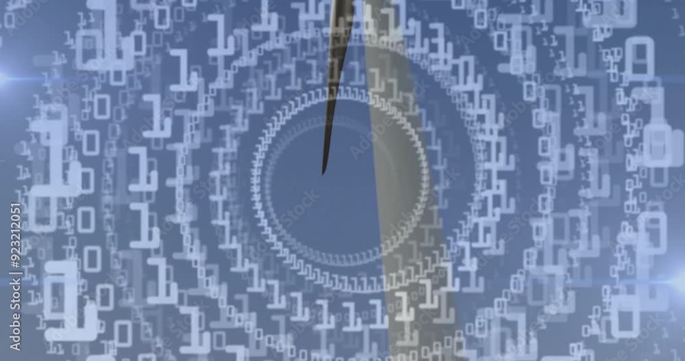 Poster clock hands moving over binary code animation in circular pattern