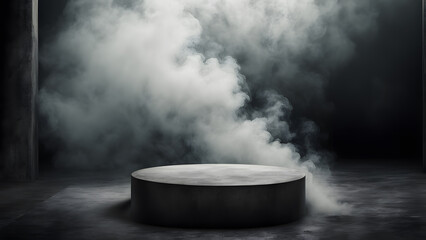 A smoke filled room with a large black round object in the center