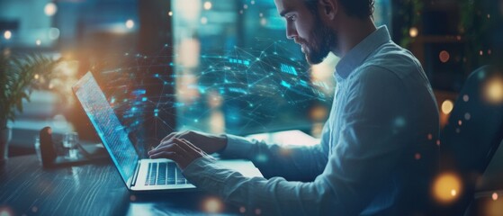 Innovative entrepreneur working on a laptop with digital graphs and data flowing around