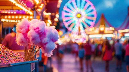 Colorful cotton candy stands out amidst the twinkling lights and joyful atmosphere of a lively summer fair at dusk