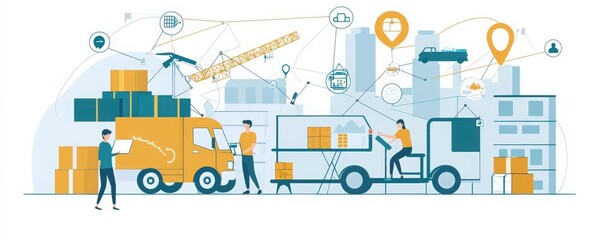 Obraz premium Illustration of a logistics scene with trucks, workers, and shipping boxes in a city environment, showcasing transportation and delivery.