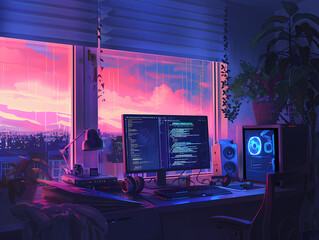 work desk with city views background illustration,beautiful lof animei background