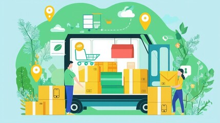 Illustration of delivery process with boxes loaded on a truck, showcasing logistics, shipping, and eco-friendly themes.