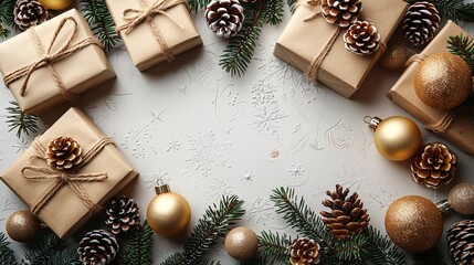 christmas poster vertical banner design flat lay handmade gift boxes colorful decorations fir branches garland balls on white background top view with copy space.