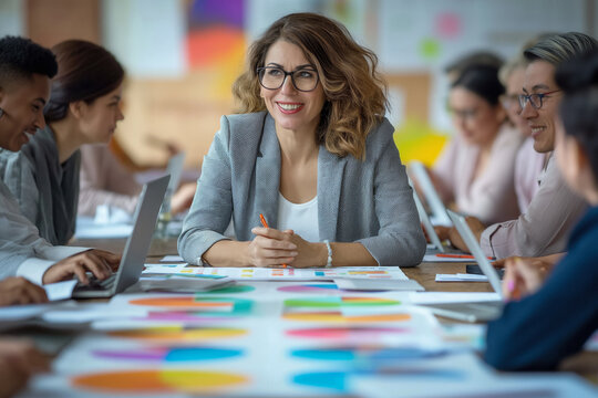 Cheerful middle-aged businesswoman executive CEO leader discussing project management and planning strategy with diverse colleagues during a company team meeting,