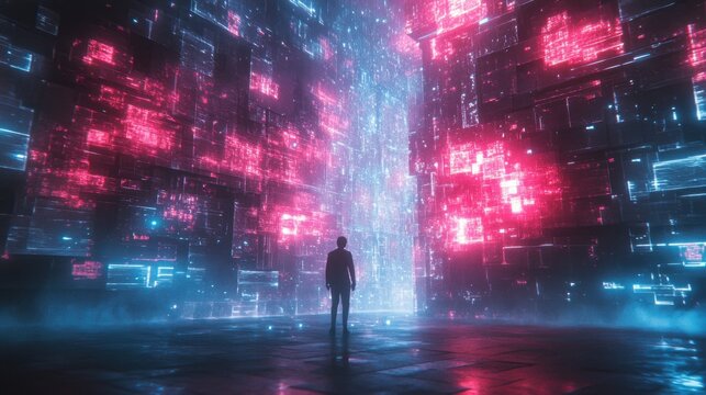 Humans shattering the dimension with glowing AI energy as they step into a futuristic realm