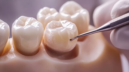 A dental professional expertly applies a crown to a tooth during a routine dental procedure