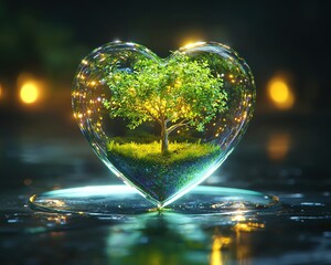 AI and green tech, A Podium a futuristic hologram of a green heart with small tree made from glowing light inside, on eco background