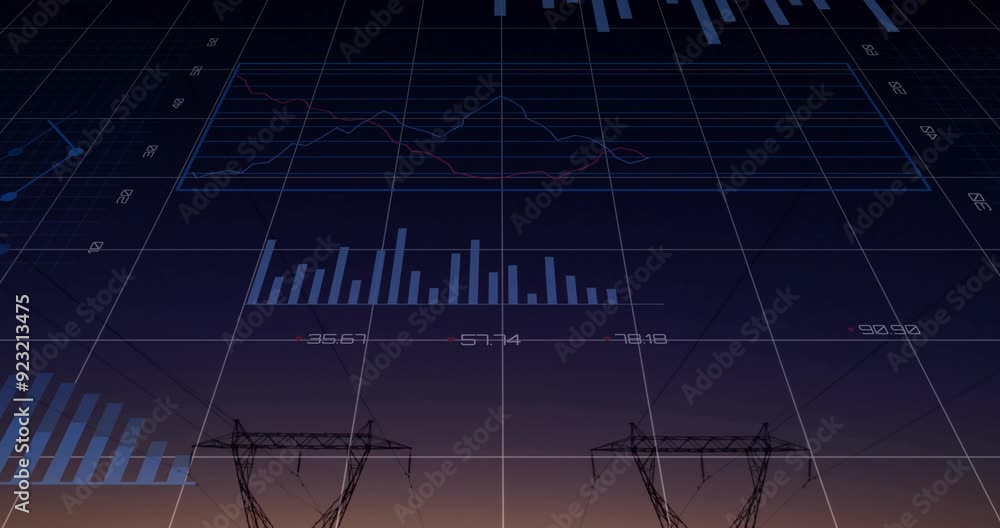 Poster Power lines at sunset with financial graphs and data processing animation
