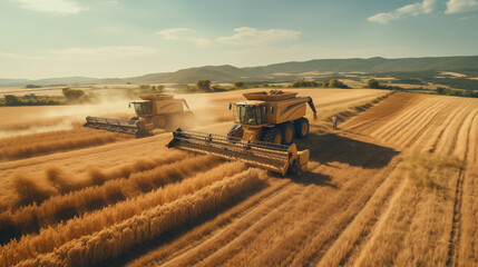 Fototapeta premium Grain field is harvested with a combine harvester in summer