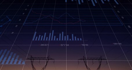 Power lines at sunset with financial graphs and data processing animation - Powered by Adobe